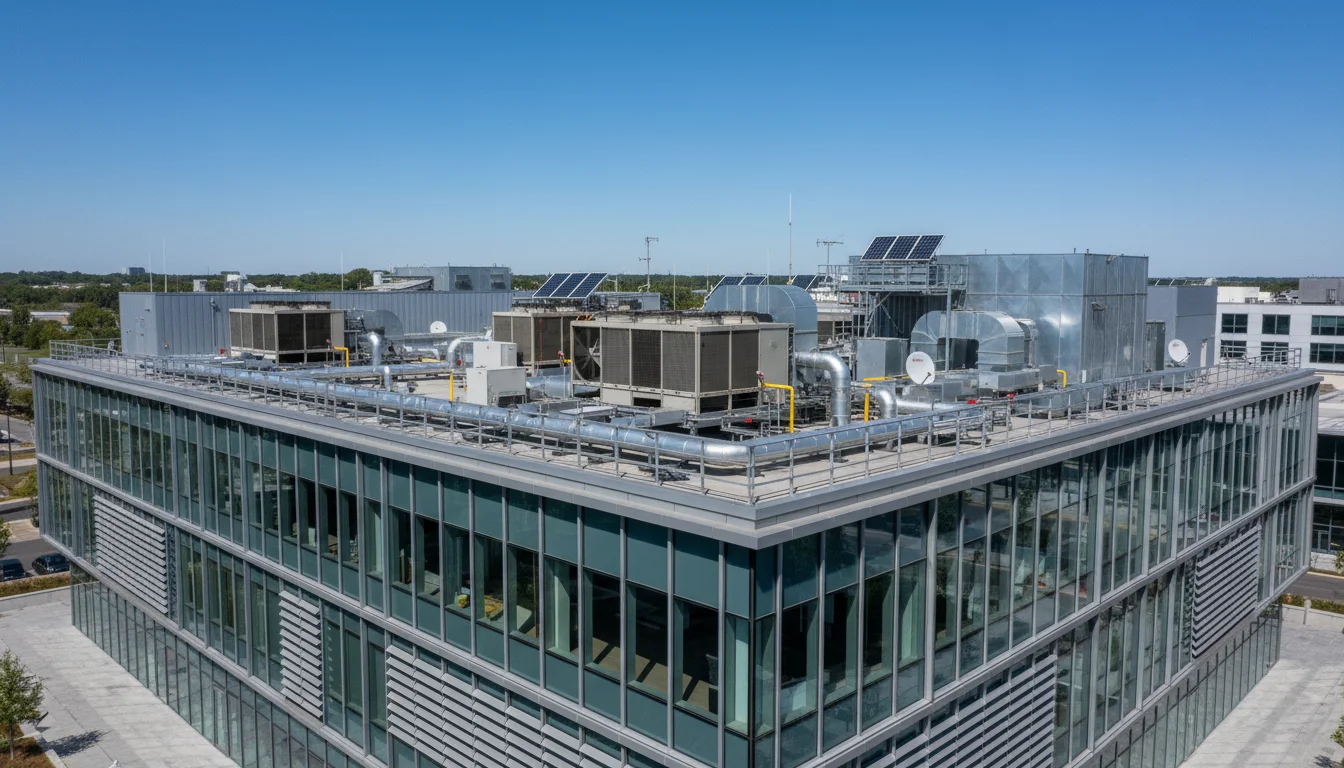 Modern kereskedelmi épület HVAC rendszerrel