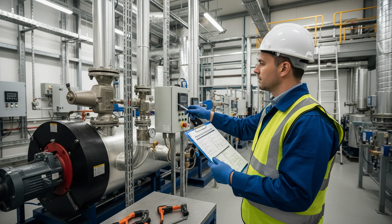 Fűtési rendszer energetikai felülvizsgálata – mérnök ipari kazánrendszert ellenőriz